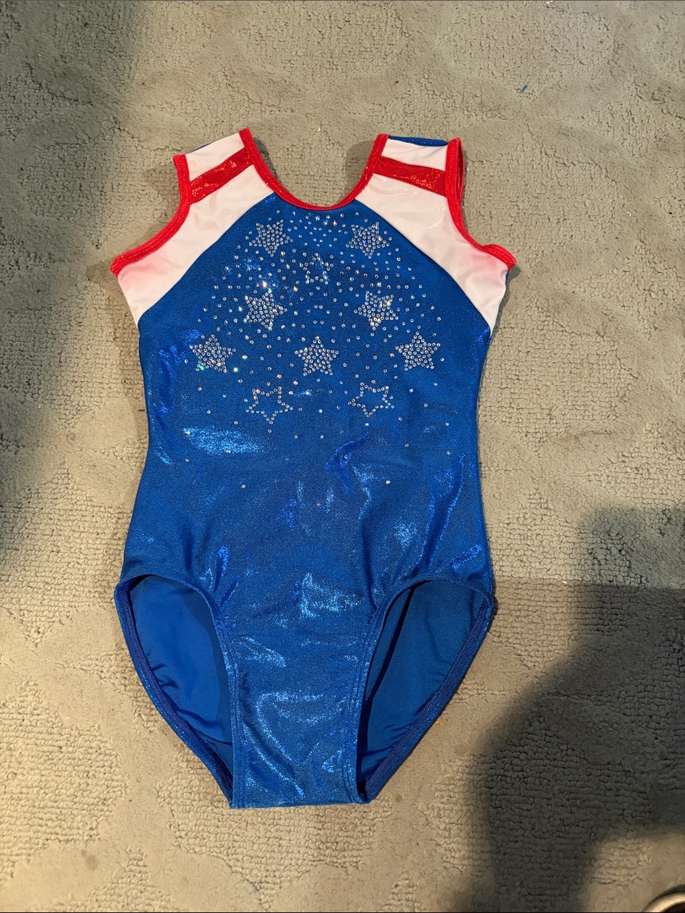 Blue Sparkle Star Gymnastics Leotard with Red Trim size c/l